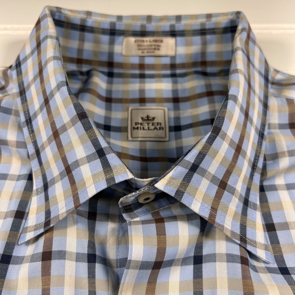 Peter Millar Plaid Button Down Shirt Mens XL Blue Brown White Long Sleeve Cotton